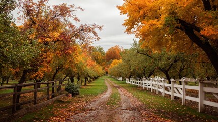 Vibrant apple trees display bright fall foliage along a dirt path, framed by a quaint fence. The peaceful orchard scene captures the essence of autumn and nature's beauty