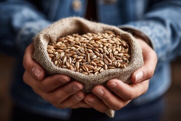 Close-up of farmer's hands holding a small burlap sack filled with freshly harvested golden grain or malted barley seeds.