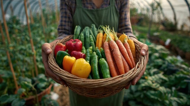 A person holds a basket filled with colorful vegetables, including carrots, cucumbers, and peppers, in a vibrant greenhouse in China, showcasing the beauty of fresh produce