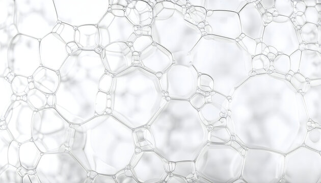 Close-up abstract view of interconnected white foam bubbles creating a geometric pattern with light and shadow effects.