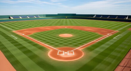 Baseball Field View: A pristine baseball field, meticulously manicured and bathed in sunlight, showcasing the precise lines of the diamond.