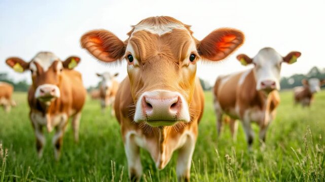 Guernsey cow standing gracefully in a lush green meadow, surrounded by other cows peacefully grazing in the background, enjoying a tranquil sunny day on a picturesque farm