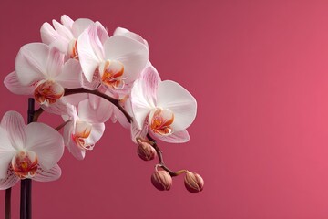 Fototapeta premium Delicate white and pink moth orchid flowers and buds blooming on a deep pink background