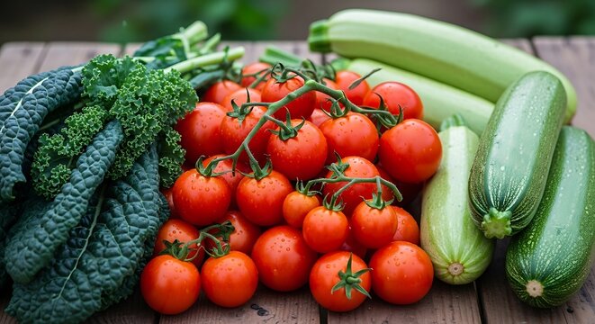 Fresh Vegetables - Kale, Tomatoes, and Zucchini on Wooden Surface.