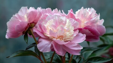 In a vibrant garden, a cluster of lovely pink peonies bloom. Their soft petals showcase various shades of pink, creating a peaceful scene filled with springtime beauty