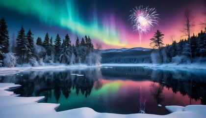 Frozen winter lake with aurora and fireworks