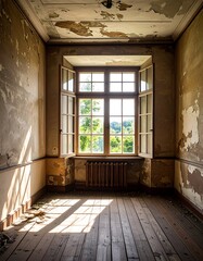 Sunlit room in abandoned mansion