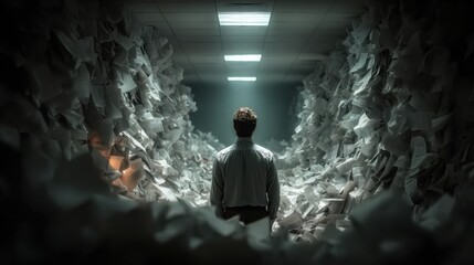 Fototapeta premium Overwhelmed Worker Surrounded by Towering Walls of Blank Papers in Office