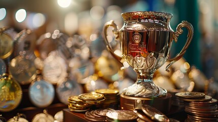 Close-up of football tournament awards table with trophies and medals