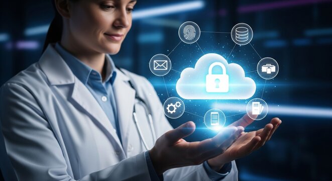 A doctor in a white coat holding a glowing holographic cloud with a security padlock icon in the center, surrounded by digital icons including fingerprint, email, database, settings, and folder