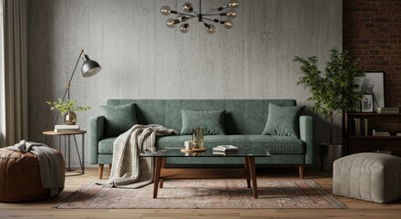 Modern Living Room Interior with Green Sofa and Decor