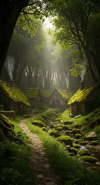 Enchanted Forest Village - A Tranquil Path Through Mossy Homes.