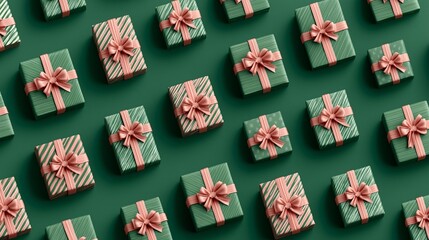 Seamless pattern of green and striped Christmas or holiday gift boxes with pink bows arranged diagonally on a deep green background.
