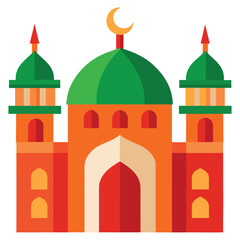 Vibrant flat design illustration of a traditional islamic mosque with green domes and tall minarets featuring a crescent moon symbol on top