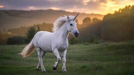Obraz premium A majestic white unicorn gallops gracefully across a lush green meadow, bathed in the warm glow of the setting sun, creating a magical scene