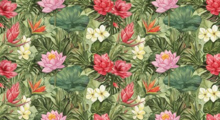Watercolor Tropical Floral Pattern with Lotus, Plumeria, and Leaves.
