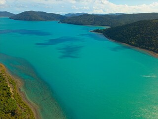 Obraz premium Aerial Drone View of Tropical Queensland Beach, Ocean Waves, Island Coastline and Shoreline - Scenic Coastal Landscape, Clear Blue Water, Australia Nature, Travel, Tourism, QLD