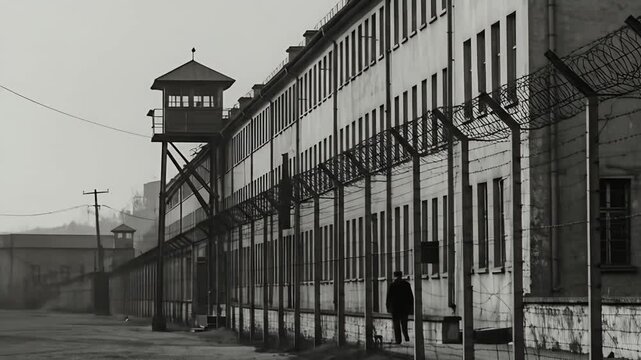 Historic Prison Barracks with Guard Tower and Barbed Wire Fence.