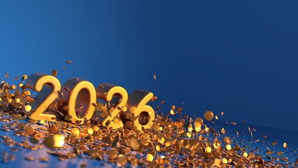 golden 2026 text under golden confetti and fireworks - 3D illustration
