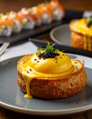 A gourmet breakfast dish with runny yolk