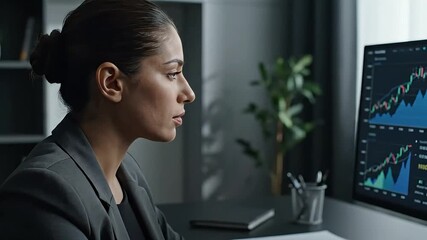 Professional Woman Analyzes Dynamic Stock Market Charts on Computer Screen in a Modern Office Deeply Focused on Financial Data and Investment Trends for Strateg - Powered by Adobe