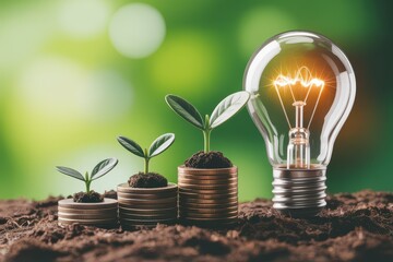 A glowing lightbulb next to stacks of coins with growing plants, symbolizing investment in ideas and sustainable financial growth