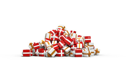gros tas de cadeaux de noël rouges et blancs et dorés - rendu 3D sur fond transparent