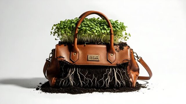 Eco handbag with sprouts and roots, text "Day of the Vegan", conceptual sustainability art scene on white background