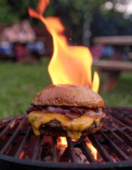 A gourmet burger sizzling on a grill, flames licking at the bun