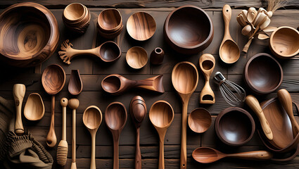 A collection of wooden bowls, scoops, and spoon forms arranged in an orderly display along a wooden rack, 32K Resolution