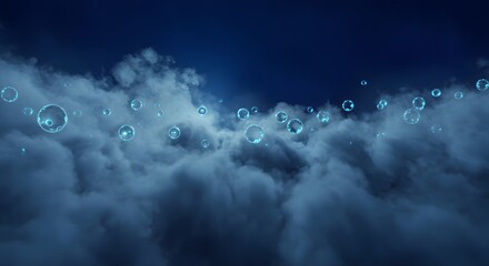 Ethereal glowing bubbles floating among dramatic dark clouds in a surreal and mystical night sky