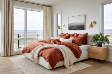 Warm and inviting modern bedroom interior with an upholstered bed, terracotta linen bedding, natural wood nightstands, and large windows with orange curtains.