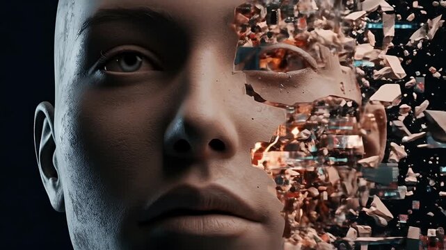 Human face dissolving into digital fragments representing artificial intelligence and technology.