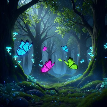 Enchanted Forest with Bioluminescent Butterflies and Mushrooms.