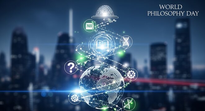 World Philosophy Day illustration featuring a globe with interconnected icons representing knowledge, technology, and philosophical concepts against a blurred cityscape background.