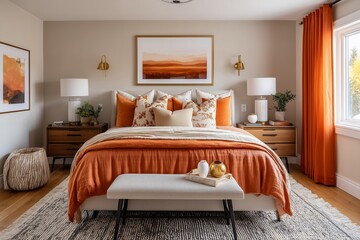 Warm and inviting modern bedroom interior with an upholstered bed, terracotta linen bedding, natural wood nightstands, and large windows with orange curtains.
