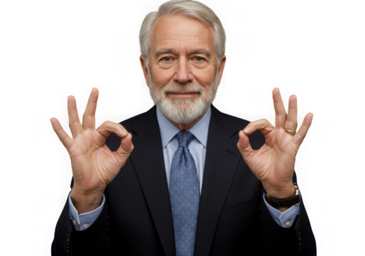 Mature man in suit isolated on transparent background making an ok hand gesture