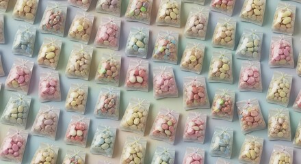 Fototapeta premium Sweet Treats Galore Pastel Candies in Clear Bags Displayed in Organized Rows