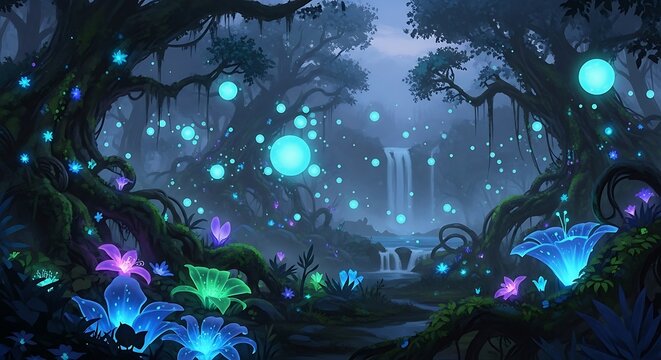 Enchanted Forest With Bioluminescent Flora And Fauna.