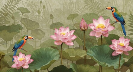 Pink Lotus Flowers and Toucans in Lush Garden