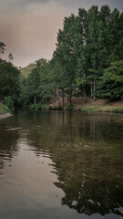 Natural river landscape at Praia Fluvial Rebelos, Murça, Trás-os-Montes, Portugal. A tributary of the Tua flows calmly past green banks and tall trees, ideal for outdoor relaxation and leisure.