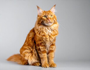 Obraz premium Fluffy orange cat sits, looking up