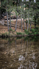 Rebelos river beach in Murça, Tras-os-Montes, Portugal, by a Tua tributary. Riverside woodland, rustic fence, and natural setting offer a tranquil landscape for recreation and relaxation.