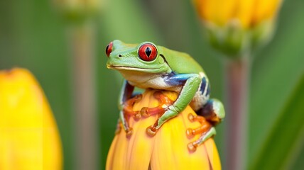 A redeyed tree frog perched gracefully atop a vibrant yellow flower, its bright green skin contrasting beautifully with the flowers petals