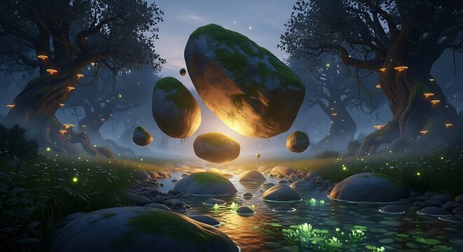 Enchanted Forest with Floating Rocks and Glowing Lights.