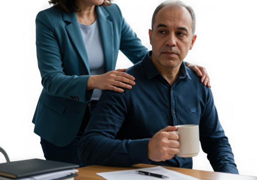 Woman supporting a stressed man at work isolated on transparent background
