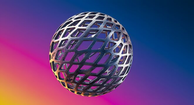 Futuristic metallic sphere crafted from an intricate lattice of interconnected geometric elements, presented against a vibrant gradient backdrop, symbolizing innovation and complex digital design