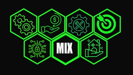Hexagonal Grid With Business Icons And The Word MIX In The Center finance technology 4k video . - Powered by Adobe