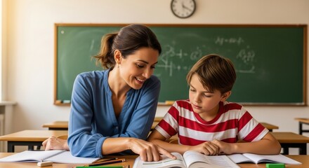 Teacher helping student with reading in classroom.
