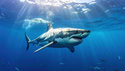 Fototapeta premium Large shark swimming underwater with mouth open, sharp teeth visible, sunlight filtering through ocean surface, smaller fish and coral in background, dramatic marine scene showcasing power and ecosyst